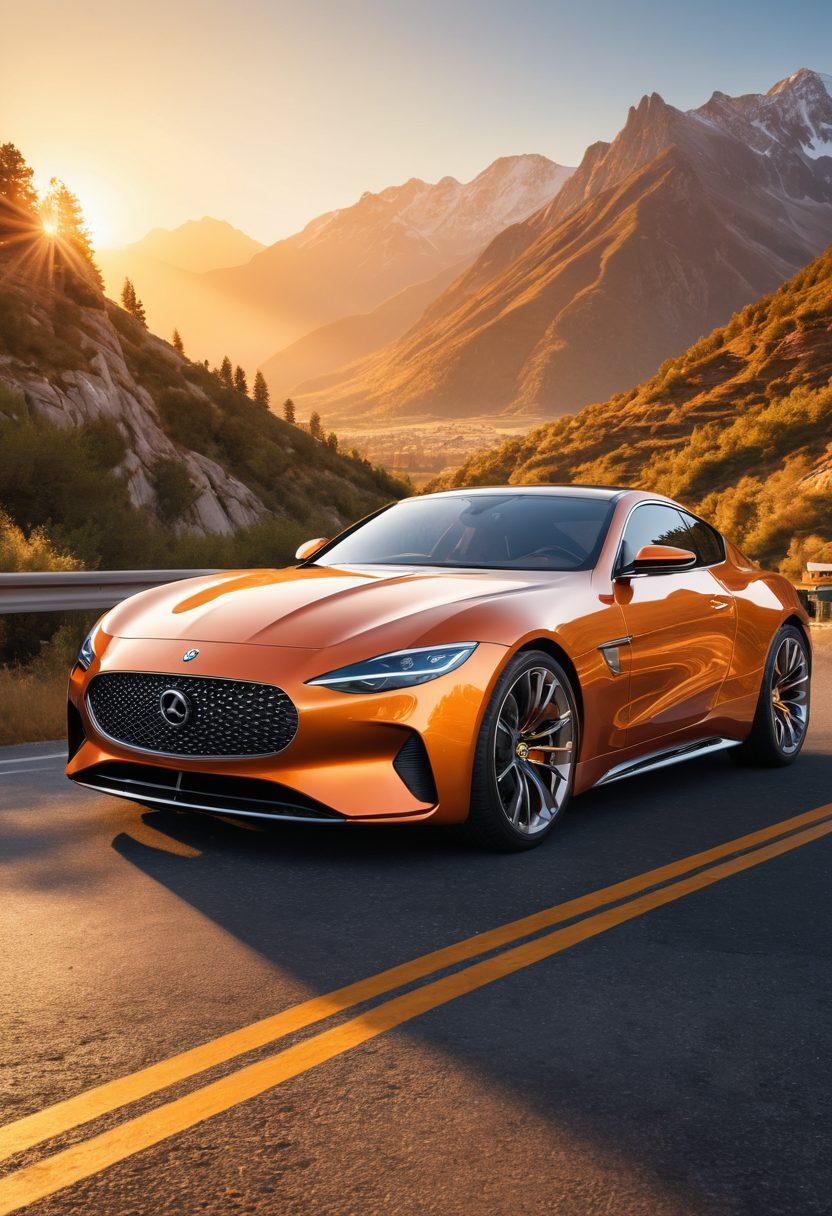 A sleek, modern car with a stylish chrome auto frame, parked on a scenic road with mountains in the background. The sun is setting, casting a golden hue over the vehicle, highlighting the durability and elegance of the frame. The car should exude sophistication with its glossy finish and clean lines. super-realistic. vibrant colors. high-detail.