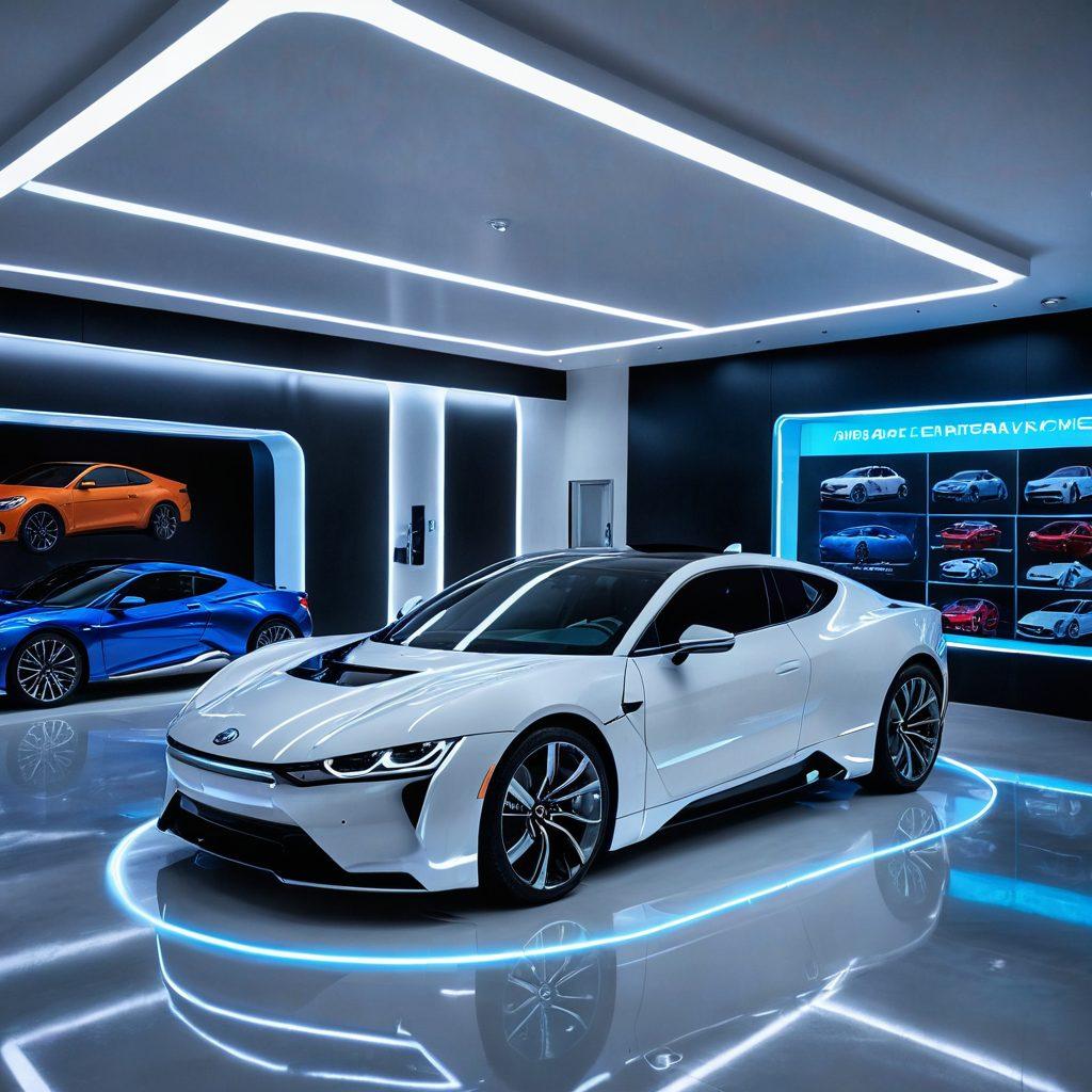 A futuristic showroom filled with modern car frames, vividly displaying a variety of innovative accessories like LED grills, sleek roof racks, and customizable wheels. Enthusiastic customers and experts discussing around a highlighted car frame in the center. Futuristic gadgets and holographic displays illuminating the scene. super-realistic. vibrant colors. white background.