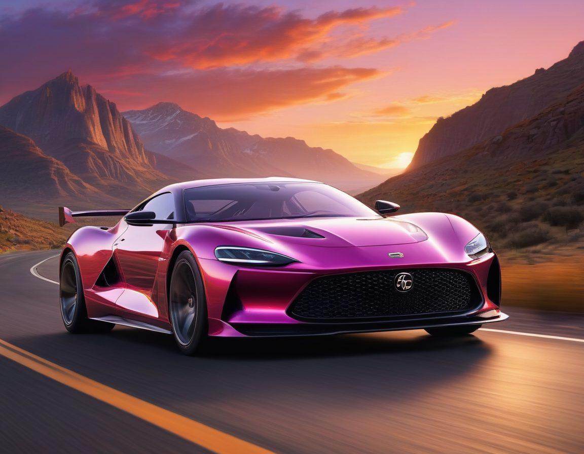 A vibrant scene featuring a sleek, modern car driving on a scenic road, with a close-up on the custom-designed auto frame showing a happy, stylish design. The background includes a beautiful sunset, highlighting the joy and customization possibilities. The car's reflection gleams, emphasizing the high-quality frame. super-realistic. vibrant colors. sunset background.